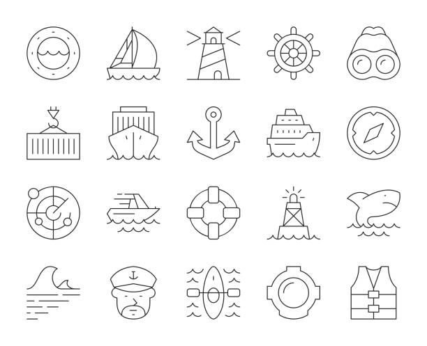 ilustrações de stock, clip art, desenhos animados e ícones de nautical and harbor - thin line icons - lighthouse nautical vessel symbol harbor