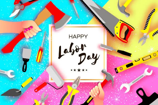 Vector illustration of Happy Labor Day greetings card for national, international holiday. Hands workers holding tools in paper cut styl on sky blue. Square frame. Space for text.