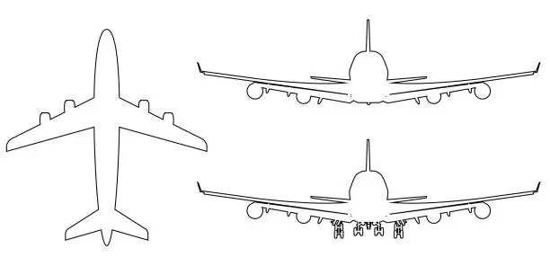 Vector illustration of High-detailed Vector plane with line art style. Top, side, front and back view. Vector illustration.