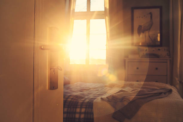 View into the sunny bedroom in the back light