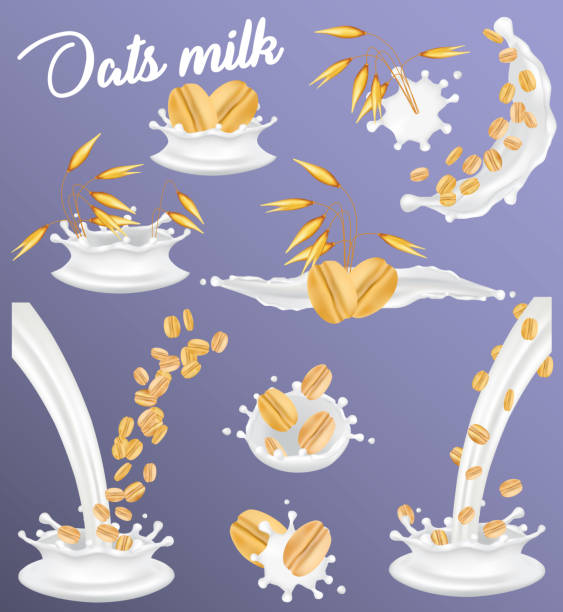 ilustraciones, imágenes clip art, dibujos animados e iconos de stock de juego de salpicadura de leche de avena, ilustración realista vectorial - oatmeal oat box container