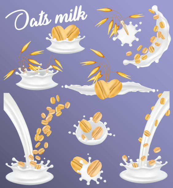 овсяное молоко всплеск набор, вектор реалистичной иллюстрацией - oatmeal oat box container stock illustrations