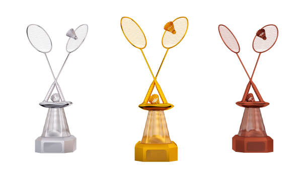 istock Front view of Badminton Gold Silver and Bronze Trophies with Shuttlecocks 1132210601