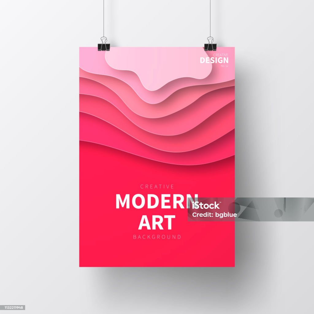 Poster with paper cut design, isolated on white background Realistic poster in vertical position with an modern and trendy background (Abstract design with wave shapes in a paper cut style - red, pink), isolated on white wall. Template for your design. With space for your text and your background. The layers are named to facilitate your customization. Vector Illustration (EPS10, well layered and grouped). Easy to edit, manipulate, resize or colorize. Please do not hesitate to contact me if you have any questions, or need to customise the illustration. http://www.istockphoto.com/portfolio/bgblue Art stock vector