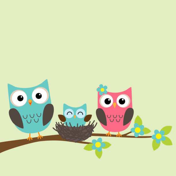 Family of owls Family of owls with newborn owlet sitting on the branch of blooming tree pink owl stock illustrations