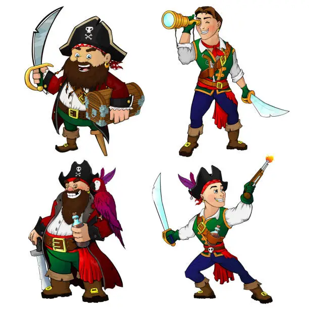 Vector illustration of A set of cartoon characters pirates. Vector illustration