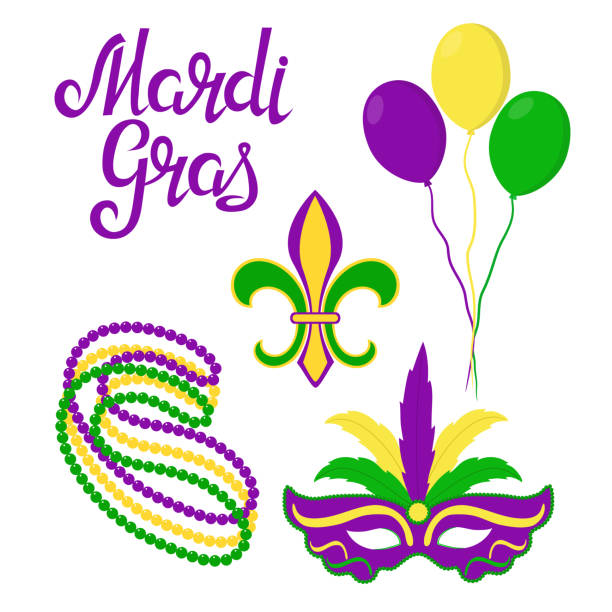 illustrazioni stock, clip art, cartoni animati e icone di tendenza di elementi di design del martedì grasso - mardi gras mask bead fleur de lys
