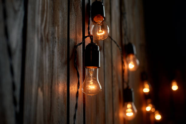 istock Edison light bulb hanging on a long wire. Cozy warm yellow light.Retro 1132214575