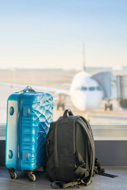 istock Luggage in front of a plane with copy space in the sky 1132214674