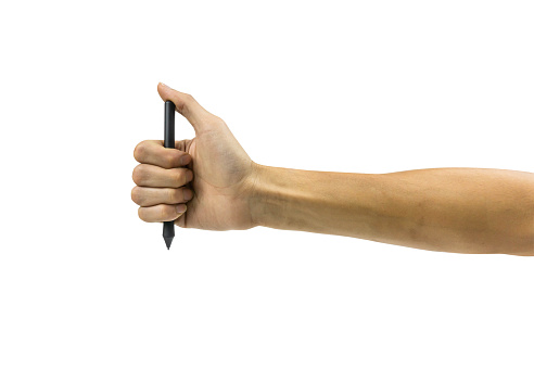 Cropped of a man hand holding black digital or mouse pen isolated on white background. Clipping path include for easy for use to your work design.