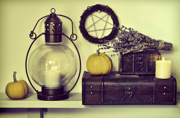 istock Old-fashioned lamp with lavender bunch, small pumpkins and old box 1132215199