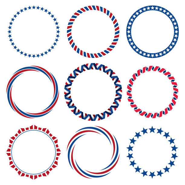 illustrazioni stock, clip art, cartoni animati e icone di tendenza di collezione di round 4 di luglio bordi etichette vintage - star shape red blue white