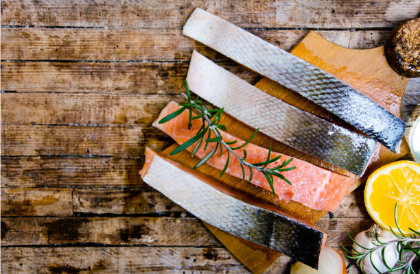 Salmon fish meat on a cutting board