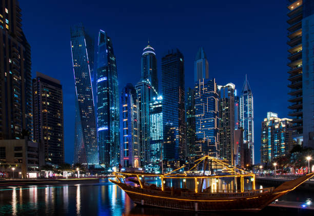 istock Dubai marina skyscrapers and yachts at blue hour 1132219405