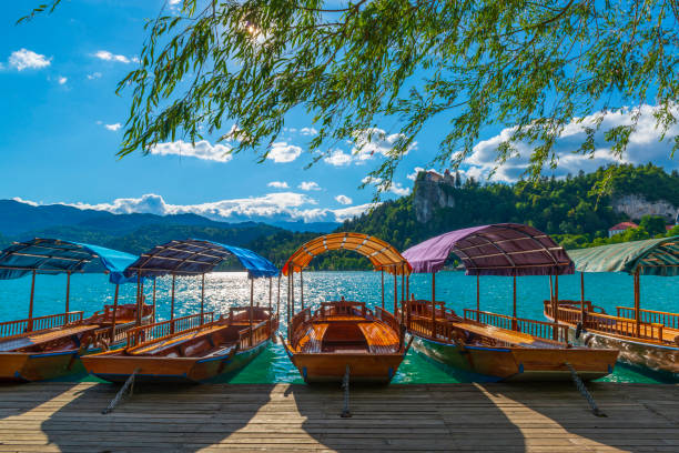 bateaux colorés sur le lac. scène estivale sur le lac de bled en slovénie. - tranquill scene photos et images de collection