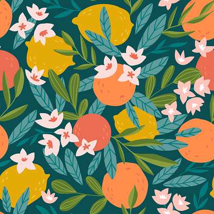 Tropical summer fruit seamless pattern. Citrus tree in hand drawn style. Vector fabric design with oranges, lemons and flowers.