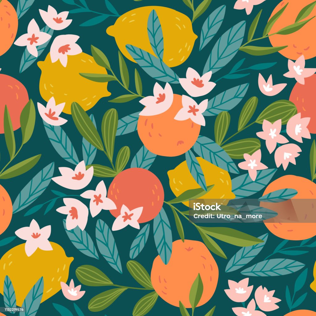 Tropical summer fruit seamless pattern. Citrus tree in hand drawn style. Vector fabric design with oranges, lemons and flowers. Pattern stock vector