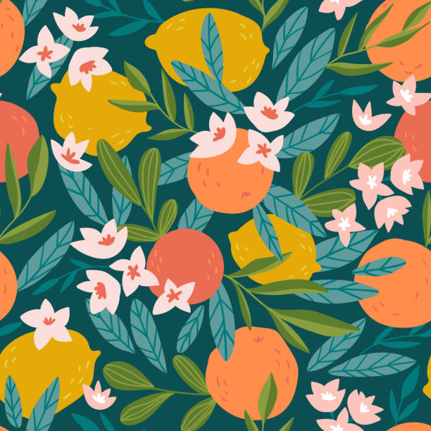 Tropical summer fruit seamless pattern. Citrus tree in hand drawn style. Vector fabric design with oranges, lemons and flowers. Tropical summer fruit seamless pattern. Citrus tree in hand drawn style. Vector fabric design with oranges, lemons and flowers. fruit patterns stock illustrations