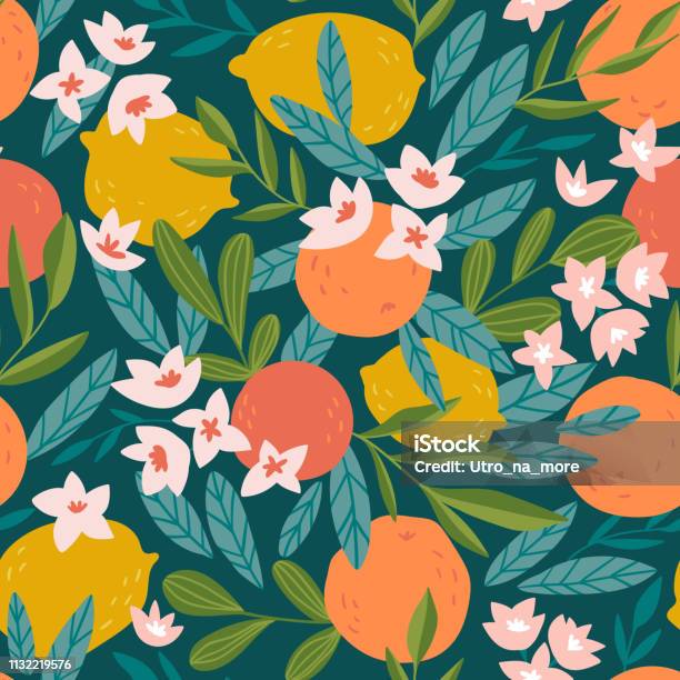 Tropical Summer Fruit Seamless Pattern Citrus Tree In Hand Drawn Style Vector Fabric Design With Oranges Lemons And Flowers Stock Illustration - Download Image Now