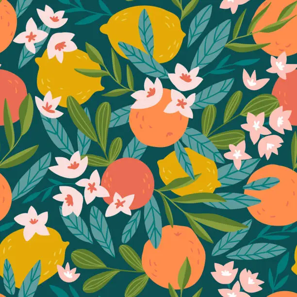 Vector illustration of Tropical summer fruit seamless pattern. Citrus tree in hand drawn style. Vector fabric design with oranges, lemons and flowers.