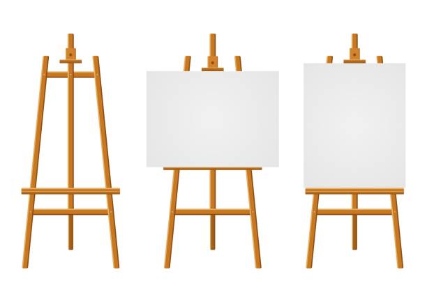 ilustrações de stock, clip art, desenhos animados e ícones de wood easels or painting art boards with white canvas of different sizes. easels with horizontal and vertical paper sheets. artwork blank poster mockups. - artists canvas illustrations