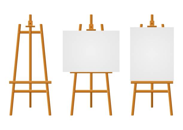 Wood easels or painting art boards with white canvas of different sizes. Easels with horizontal and vertical paper sheets. Artwork blank poster mockups. Wood easels or painting art boards with white canvas of different sizes. Easels with horizontal and vertical paper sheets. Artwork blank poster mockups. Vector illustration easel stock illustrations