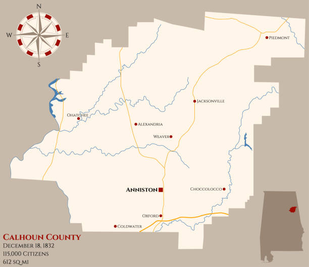 Map of Calhoun County in Alabama Large and detailed map of Calhoun county in Alabama, USA. alabama state map with cities stock illustrations