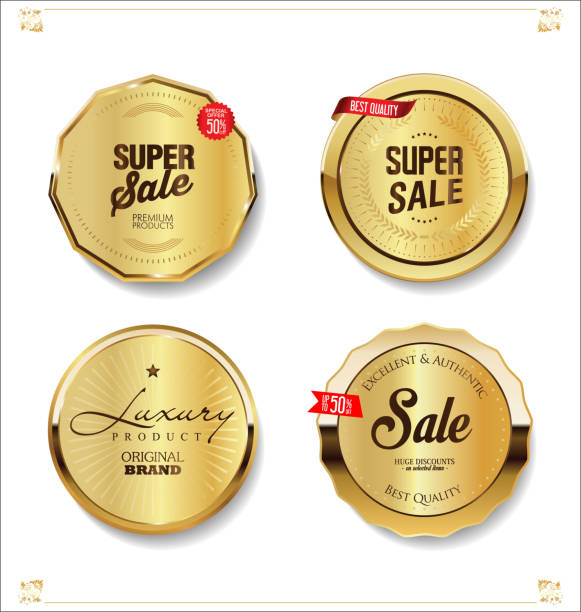 ilustrações de stock, clip art, desenhos animados e ícones de golden retro sale badges and labels collection - elegance seal stamper success badge