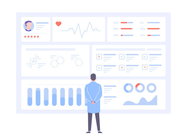 A male doctor is standing back to us in front of a big data screen. A male doctor is standing back to us in front of a big data screen. Diagnosis of diseases, medical tests, effective treatment. Dashboard with patient health information. Vector illustration. analyzing stock illustrations
