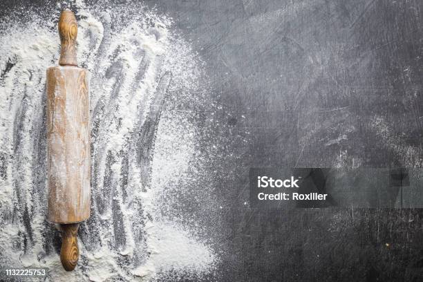 Rolling Pin And White Flour Stock Photo - Download Image Now - Flour, Bakery, Backgrounds