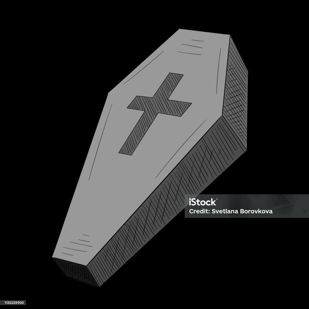 Grey Coffin With Cross On Black Background Stock Illustration