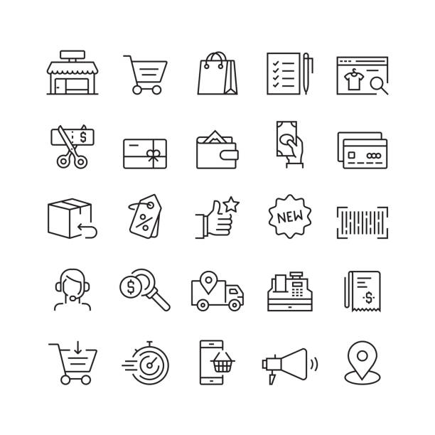 ilustraciones, imágenes clip art, dibujos animados e iconos de stock de iconos de líneas vectoriales relacionadas con compras y minoristas - shopping
