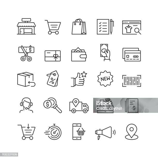 Shopping And Retail Related Vector Line Icons Stock Illustration - Download Image Now - Icon, Retail, Shopping