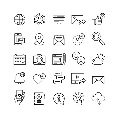 Social Media and Social Network Related Vector Line Icons