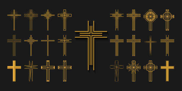 illustrazioni stock, clip art, cartoni animati e icone di tendenza di set di icone. croci di religione cristiana. - cross ornate catholicism cross shape