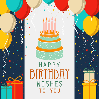 Birthday card with cake and colorful balloons in flat design