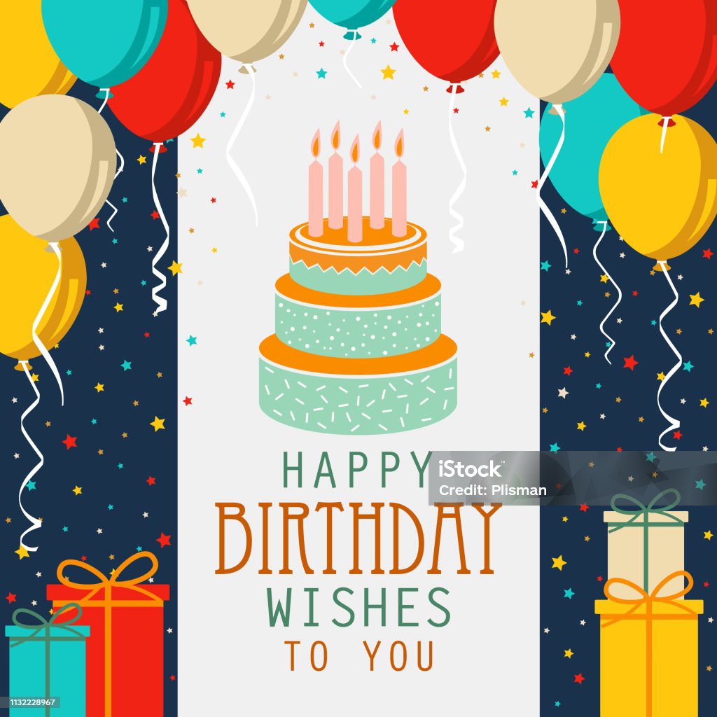Birthday Card With Cake And Colorful Balloons In Flat Design Stock ...