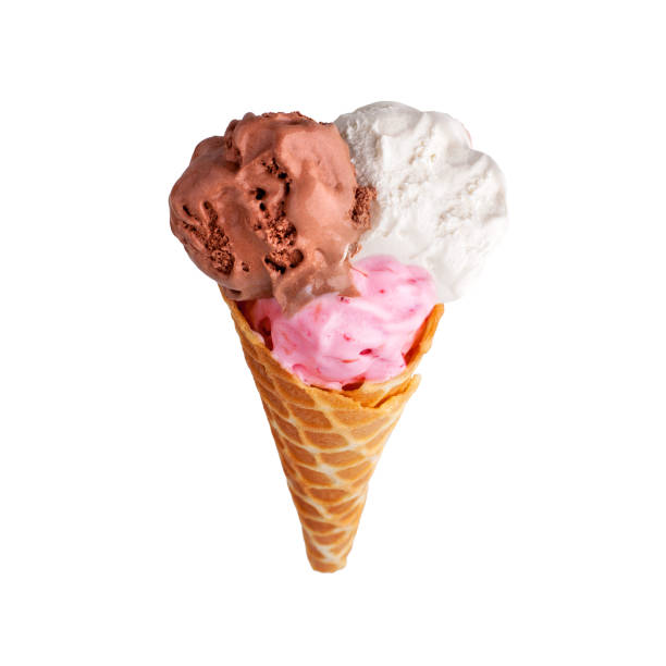 istock Crispy ice cream waffle cone with three scoops of vanilla, chocolate, strawberry ice cream on white background isolated close up top view, ice cream wafer cup design, sweet summer cold dessert pattern 1132230351