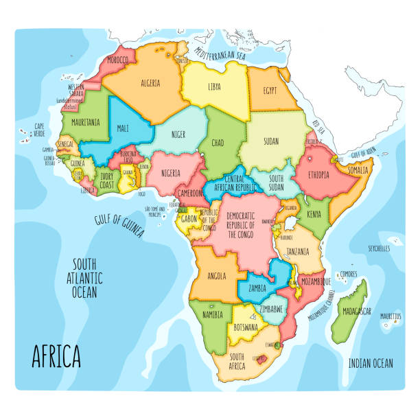 Vector political map of Africa. Colorful hand drawn illustration of the African continent with labels in English Vector political map of Africa. Colorful hand drawn illustration of the African continent with labels in English landmass stock illustrations