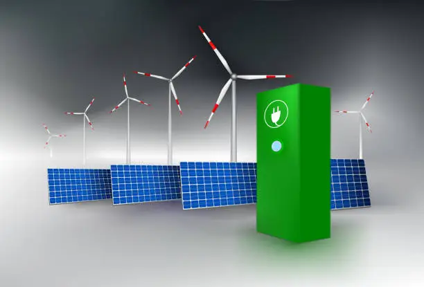 Vector illustration of Solar panel, wind turbines and charging station.