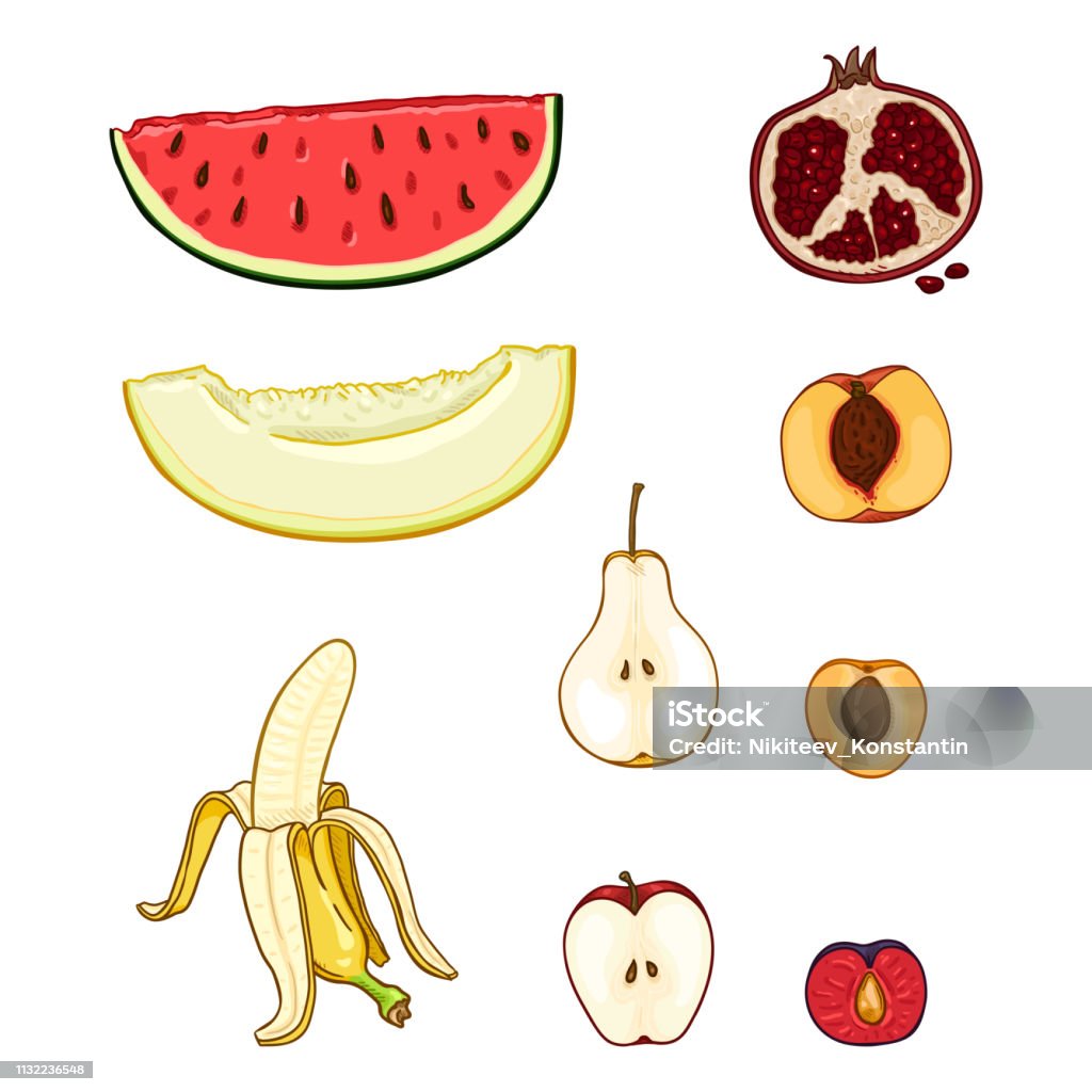 Bộ Vector Của Trái Cây Hoạt Hình Dưa Hấu Dưa Hấu Lê Chuối Táo Mận ...