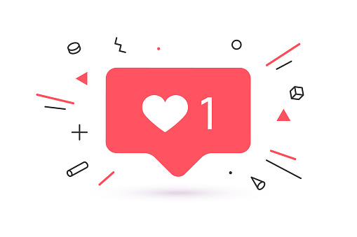 Notifications icon Like, speech bubble. Like icon with heart, one like and shadow for social network on red background. Speech bubble, poster and sticker concept for banner, web. Vector Illustration