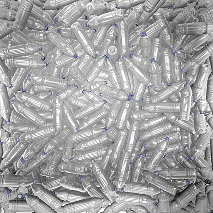 3d illustration of hundreds of plastic drinking bottles wildly mixed up on a big heap