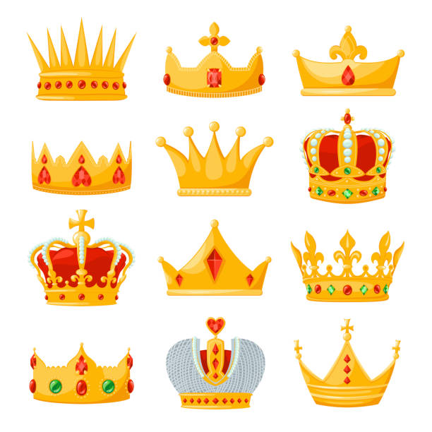 ilustrações de stock, clip art, desenhos animados e ícones de gold royal crowns set, monarchy and authority symbol - red crowned
