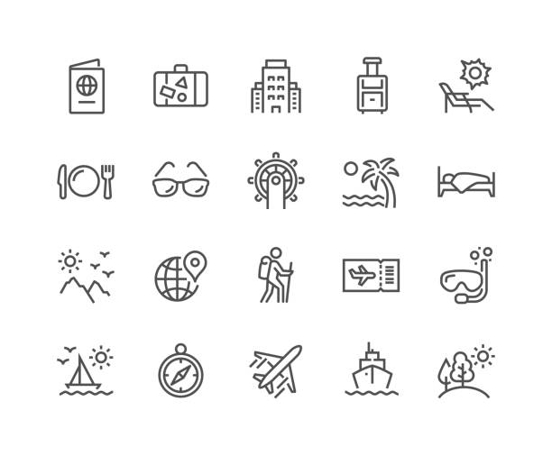 line travel icons - freizeitaktivität stock-grafiken, -clipart, -cartoons und -symbole