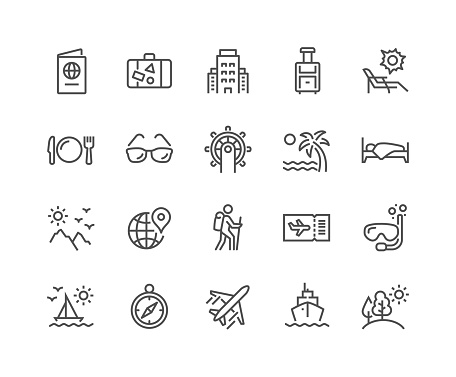 Simple Set of Travel Related Vector Line Icons. 
Contains such Icons as Luggage, Passport, Sunglasses and more.
Editable Stroke. 48x48 Pixel Perfect.