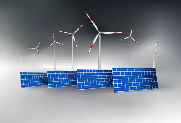 Vector illustration of Solar panels and wind turbines.
