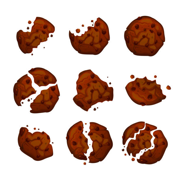Vector chocolate chip cookies. Cookie with chocolate crumbs isolated on white background. Vector chocolate chip cookies. Homemade chocolate cookies vector illustration. Set of bitten and broken cookies. Isolated biscuits. chocolate chip cookie drawing stock illustrations