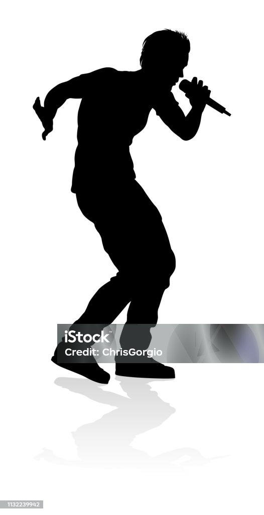 Singer Pop Country or Rock Star Silhouette A singer pop, country music, rock star or hiphop rapper artist vocalist singing in silhouette Adulation stock vector