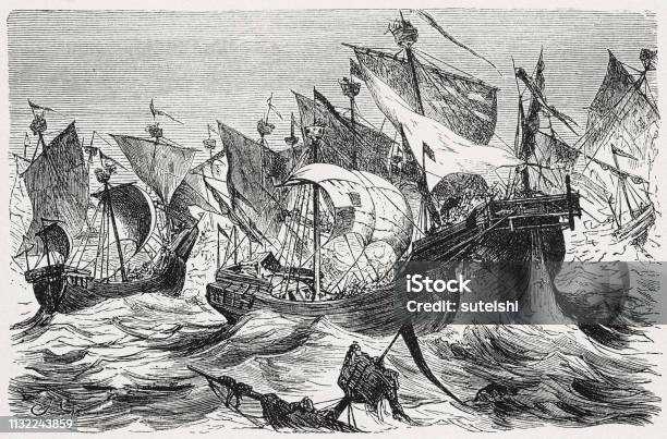 The Battle Attack Of The Stralsund Merchant Drivers On The Danish Fleet 1428 Stock Illustration - Download Image Now